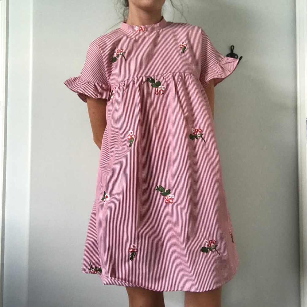 Red and White Striped Embroidered Floral Dress